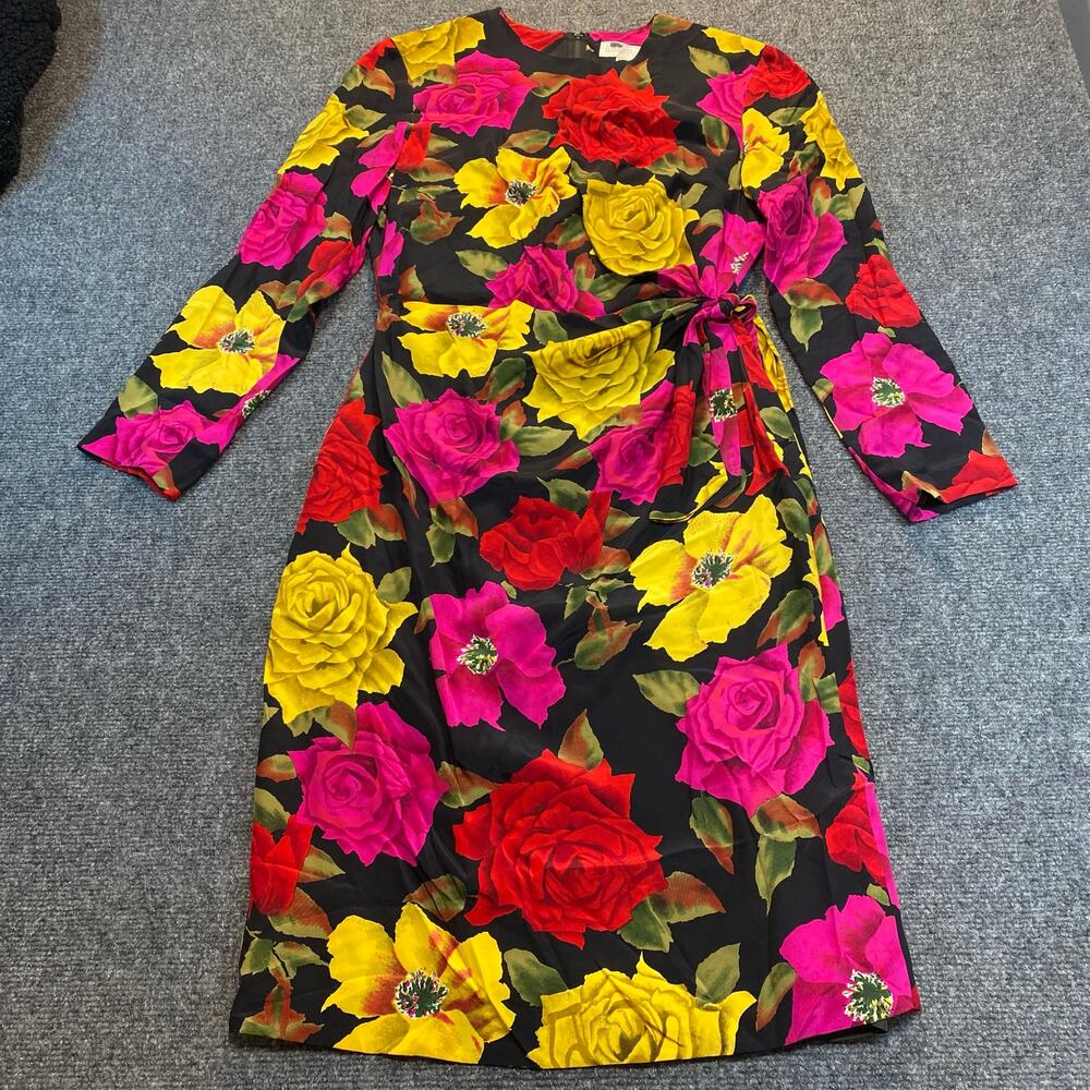 Vintage Barrie Pace Silk Floral Midi Dress Womens 8 Long Sleeve Fully Lined
